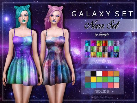 Trillyke - GALAXY SET - Nova Set Sims 4 Cc Galaxy, Pandora Set, Sims 4 City Living, High Waisted Short Skirt, Galaxy Outfit, Galaxy Style, Galaxy Dress, Sims Packs, Free Sims 4