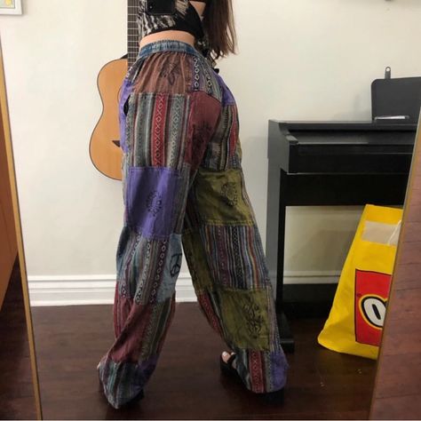 Beautiful Boho Patchwork Hippie Pants! Has Colorful Patchwork And Stamps All Over, Waist Goes To 38 And Ties To Fit Any Waist Size Smaller! Inseam Is 31'. Very Comfy, I’m 5’2 For Reference Patchwork Hippie Pants, Surf Pants, Boho Patchwork, Hippie Pants, Pants Color, Waist Size, Pants, Trousers, Patchwork