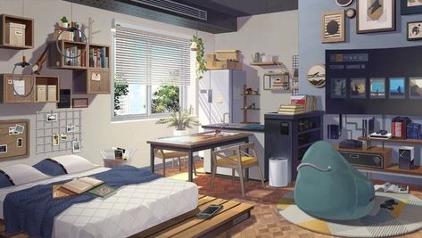 Modern Dorm Room, Anime Houses, Dr Ideas, Tears Of Themis, Anime Places, Bedroom Drawing, Honkai Impact 3rd, Anime Backgrounds, Anime Room