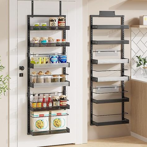 Amazon.com: POKIPO Over the Door Pantry Organizer, 6-Tier Large Wall Mounted Storage Spice Rack, Heavy-Duty Metal Adjustable Hanging Baskets for Pantry, Bedroom, Bathroom, Living Room, Kitchen : Home & Kitchen Wall Mounted Pantry Storage, Beverage Storage Ideas, Above Door Storage, Baskets For Pantry, Door Pantry Organizer, Pantry Door Organizer, Hanging Installation, Wall Mounted Spice Rack, Pantry Organizer