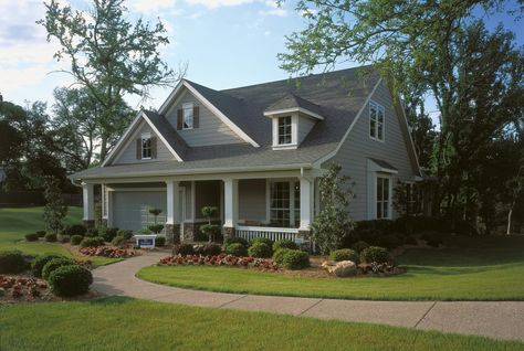 My love affairs with cape cod homes -- specifically gray cape cod homes -- continues.  This reminds me so much of our house.  We have double dormers instead of twin peaks (did I just say Twin Peaks?), but it is so similar! Green Siding, Siding Styles, James Hardie Siding, Hardie Siding, James Hardie, Shingle Siding, Lap Siding, Siding Colors, Cottage Style Homes