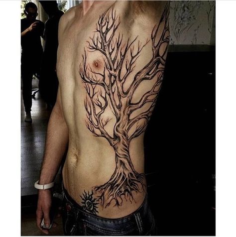 Tree Of Life Tattoo Ribs, Back Tree Tattoos For Guys, Tree On Ribs Tattoo, Family Tree Sleeve Tattoo, Tree Tattoo On Ribs, Tree Side Tattoo, Tree Rib Tattoo, Back Tattoo Tree, Tree Chest Tattoo