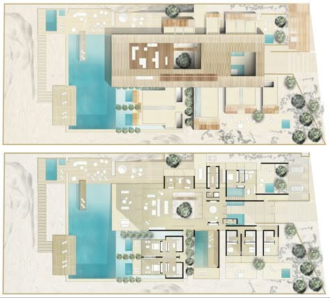 Beach Villa Floor Plan, Africa House, Row House Design, Beach House Floor, Beach House Floor Plans, Santorini Villas, Autocad Revit, Architectural Plan, Beachfront Villa