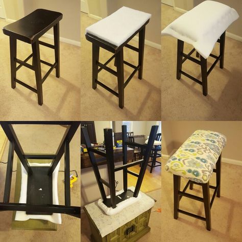 DIY Saddle seat bar stool padding. Step by step photos. Used only a staple gun two layers of foam and a thick canvas like fabric. Came out great! #diy #barstool Diy Bar Stools Makeover, Bar Stools Makeover, Bar Stools Diy, Bar Stool Makeover, Saddle Seat Bar Stool, Diy Bar Stools, Stool Makeover, Bar Stool Cushions, Diy Stool