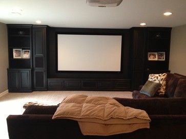 Projector Screen Basement Design Ideas, Pictures, Remodel and Decor #projectorscreen Projector Screen Basement, Traditional Basement, Basement Movie Room, Basement Home Theater, Best Home Theater, Man Cave Home Bar, Basement Design Ideas, Home Theater Rooms, Home Theater Design