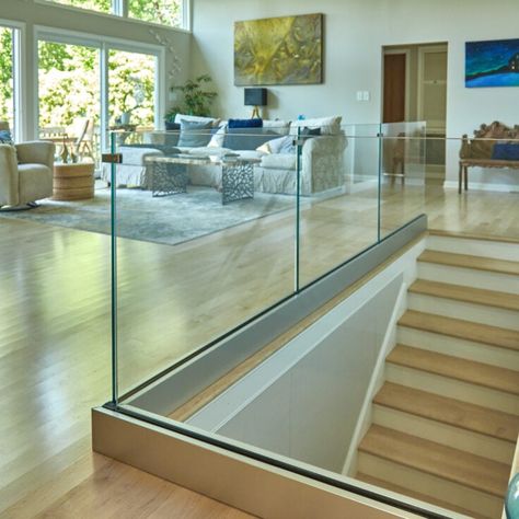 Glass Railing for an Open Concept Home - Viewrail Glass Railing Balcony, Glass Stair Railing, Cable Railing Diy, Balcony Interior, Railing Balcony, Shoe Base, Glass Stair, Glass Railing Stairs, Glass Railing System