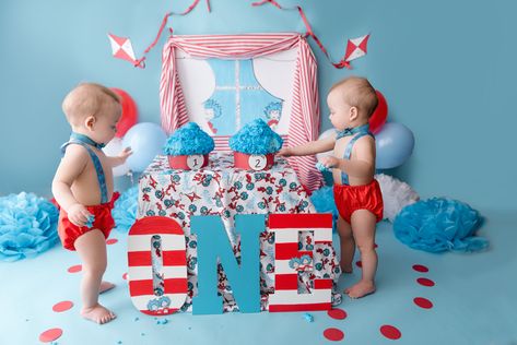 Thing One And Thing Two Twin Birthday, First Birthday Photo Shoot Ideas Twins, Dr Seuss Photo Shoot, First Birthday Twin Boys, Twin Boy First Birthday Ideas, Twin Boys First Birthday Party Ideas, Twin First Birthday Ideas, Twin Birthday Pictures, Twin Baby Birthday