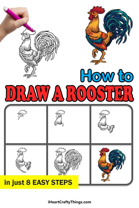 Rooster Drawing Simple, Chicken Drawing Step By Step, Rooster Drawing Step By Step, Drawing Owls Easy Step By Step, How To Draw Farm Animals Step By Step, Drawing Lessons For Kids, Art Drawings Sketches Pencil, Drawing For Beginners, Art Brushes