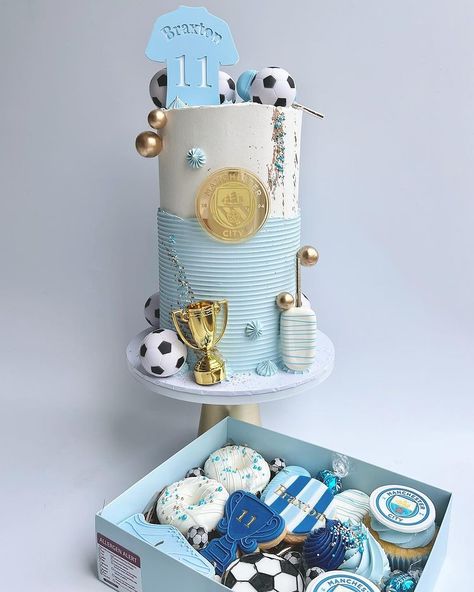 Manchester City ✨🩵 Another football themed cake! With a matching box of grazing treats for Braxton ⚽️ Loved the personalised shirt… | Instagram Manchester City Cake, 16th Birthday Cake For Girls, Football Themed Cakes, Football Birthday Cake, Bday Gifts For Him, City Cake, City Baby, 50th Cake, Football Birthday Party