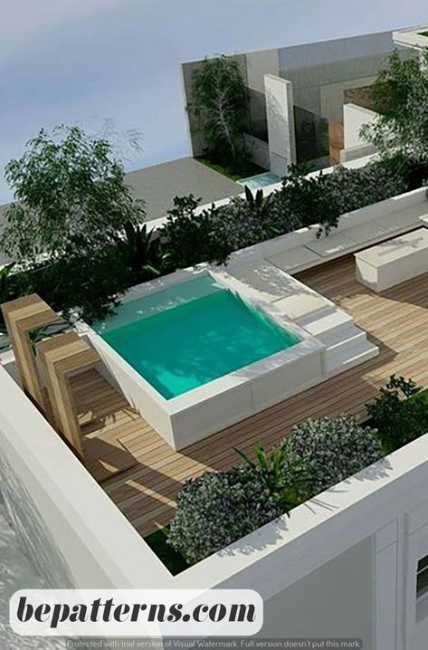 Home Decor Furniture | Easy DIY | Budget-Friendly Tips Roof Top Pool Design House, Rooftop Garden With Pool, Terrace Pools Rooftops, Roof Garden With Pool, Rooftop Terrace With Pool, Kitchen Rooftop Design, Pool Terrace Ideas, Roof Pool Ideas, Rooftop Garden Design Modern