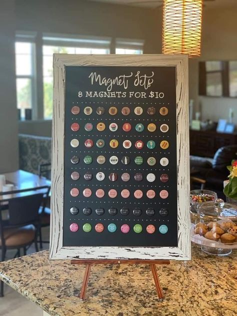 Vendor Magnet Display, Display Magnets Craft Fairs, How To Display Magnets At A Craft Show, Booth Giveaway Ideas, Magnet Display Ideas Craft Fairs, Magnet Display Ideas, Vendor Table Display, Market Stall Display Ideas, Craft Table Display