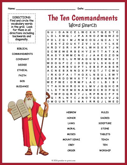 Free Printable The Ten Commandments Word Search 10 Commandments Printable Free, Free 10 Commandments Printables, 10 Commandments Activity, The Ten Commandments Printable, Moses On Mount Sinai, Magic Squares Math, Bible Word Searches, Puzzle Worksheet, Scramble Words