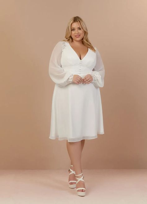 Diamond White Azazie Amila Diamond White A-Line V-Neck Lace Chiffon Dress | Azazie Wedding Event Dresses, Courthouse Wedding Dress, Plus Wedding Dresses, Knee Length Wedding Dress, Chiffon Lace Dress, Long Slip Dress, Wedding Reception Dress, Womens Wedding Dresses, Wedding Dresses Photos