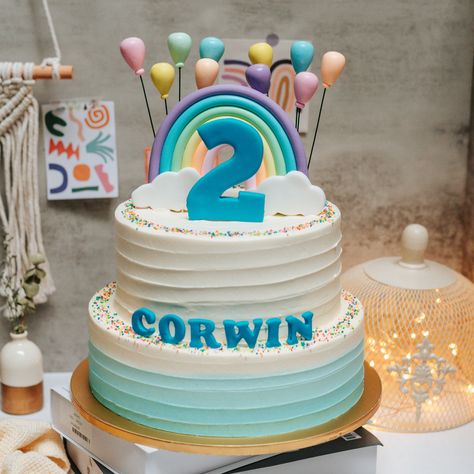 Corwin's two tier pastel blue cake, topped with pastel rainbows and fondant balloons 🌈🎈 Pastel Blue Cake, Fondant Balloons, Tiered Cakes Birthday, Blue Cakes, Pastel Rainbow, Themed Cakes, Pastel Blue, Birthday Cakes, Fondant