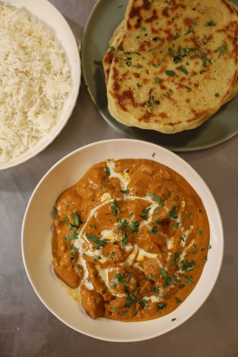 Butter Chicken with Fresh Garlic Naan — theredbowl Naan And Chicken, Sweet Chili Chicken, Taco Dinner, Garlic Naan, Cilantro Sauce, Chicken Bowl, Chicken Marinades, Chicken Chili, Sweet Chili