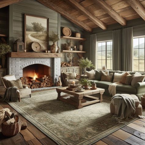 Rustic Sage Green Living Room Rustic Area Rugs Farmhouse Cabin Living Room, Scottish Living Room Ideas, Earthy Family Room, Earthy Living Room Decor Ideas, Rustic Green Living Room, Modern Rustic Living Room Ideas, English Living Rooms, Cosy Cottage Living Room, Sage Green Living Room Ideas