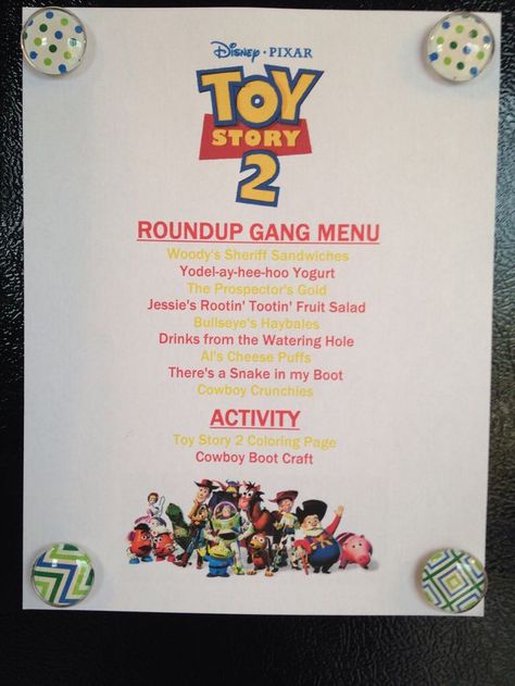 Toy story 2 movie night Toy Story 2 Movie Night, Toy Story Movie Night Food, Toy Story Movie Night, Movie Night Disney, Toy Story Party Food, Cowboy Boot Crafts, Disney Movie Night Food, Birthday Party Menu, Toy Story Crafts