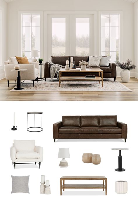 Luxurious brown leather and slim lifted legs set the tone for this traditional-meets-modern living room. Layered with organic textures - from the rustic coffee table to the concrete candle holders styled on top - this room feels modern, airy and always inviting. Coffee Table For Brown Couch, Modern Living Room Brown Floor, Coffee Table For Dark Brown Couch, Coffee Table Leather Couch, Dark Brown Leather Sofa Living Room, Dark Leather Couch Living Room, Taupe Couch Living Room, Dark Brown Leather Couch Living Room, Urban Barn Living Room