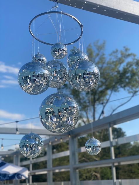 Disco Ball Chandelier, Disco Birthday Party, Disco Decorations, Ball Chandelier, Disco Party Decorations, Disco Glam, Handmade Chandelier, Disco Balls, Silver Paint