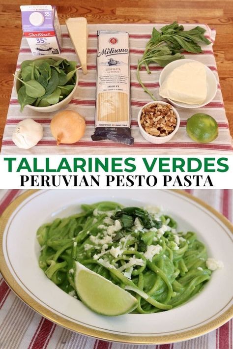 Learn how to make quick & easy Tallarines Verdes. This popular pasta dish from Peru is bright green and typically served with a grilled barbecued steak. We serve the dish as a healthy vegetarian main course or entree. Peruvian Pesto is made with a food processor or blender and features olive oil, garlic, onions, walnuts, queso fresco, parmesan cheese, basil and spinach. The creamy green sauce is then tossed with al dente spaghetti or linguine noodles. Top with basil, cheese and lime wedge. Green Spaghetti Peruvian, Tallarines Verdes Recipe Peru, Peruvian Spaghetti, Peruvian Pesto, Peruvian Green Spaghetti, Pesto Sauce Pasta, Green Spaghetti Recipe, Spaghetti Verde, Creamy Green Sauce