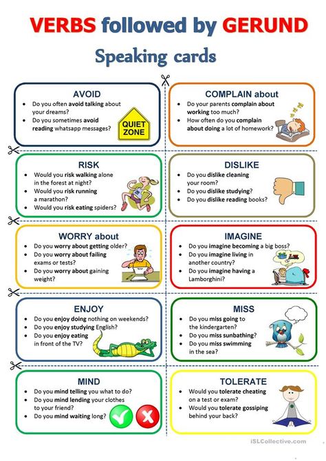 GERUND - Speaking cards - English ESL Worksheets Speaking Activities English, Ingles Kids, Speaking Cards, Teaching Worksheets, English Teaching Materials, Teaching English Grammar, Conversational English, English Verbs, Learn English Grammar