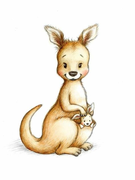 Kangaroo Drawing, Kangaroo Illustration, Kangaroo Art, Cute Cartoon Drawings, Australian Animals, Baby Art, Cute Animal Drawings, Watercolor Animals, Cute Illustration