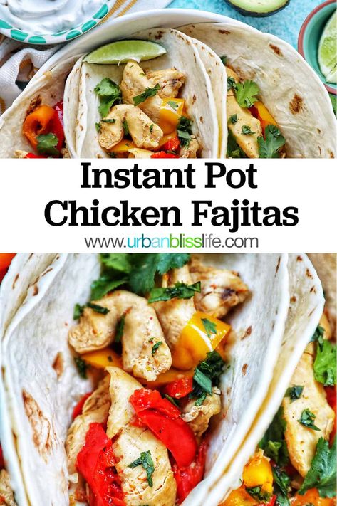 Instant Pot Chicken Fajitas can be made with just a few ingredients in under 30 minutes, thanks to the electric pressure cooker! Get the easy & tasty recipe on UrbanBlissLife.com Instant Pot Chicken Fajitas, Low Carb Options, Gluten Free Instant Pot Recipes, Chicken Peppers, Gluten Free Instant Pot, Whole30 Chicken, Fajita Recipe, Paleo Dinner, Instapot Recipes