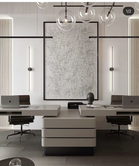 Shared Executive Office, Simple Modern Office Design, Modern Small Office Design Interiors, Modern Home Office Lighting, 2 Offices In One Room, Multiple Desk Office Layout, Luxury Study Room Design, White Office Interior Design, Office Design Aesthetic