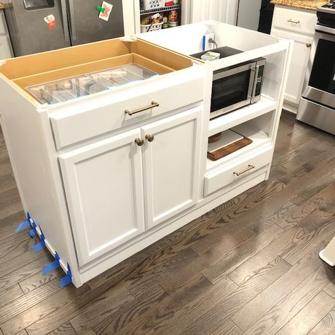 Diy Kitchen Island Out Of Cabinets, Diy Kitchen Island With Microwave, Stock Cabinet Island Diy, Diy Island With Microwave, Diy Island From Cabinets, Diy Small Kitchen Island With Storage, Home Depot Stock Cabinets Kitchens, Diy Cabinets Storage, 6 Ft By 3 Ft Kitchen Island