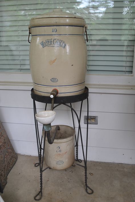 10 gal RW water cooler and crock set Water Cooler Cabinet Ideas, Redwing Crocks, Crock Decor, Red Wing Crocks, Crock Lids Antique, Western Kitchen Decor, Red Wing Stoneware, Cute Small Houses, Red Wing Pottery Vintage