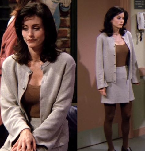 Monica Geller Casual Outfits, Monica Geller Cardigan, 2000s Professional Outfits, Monica Geller Dress Outfits, Monica Geller Work Outfits, Monica Geller's Outfits, Monica Geller Brown Outfit, 90s Outfit Monica Geller, Monica Geller 90s Outfits