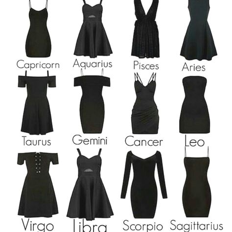 Zodiacs and their little black dresses 🖤 Zodiac Signs Outfits, Zodiac Clothes, Sign Dress, Zodiac Sign Fashion, Zodiac Signs Chart, Zodiac Signs Scorpio, Zodiac Signs Virgo, Zodiac Signs Sagittarius, Zodiac Signs Leo