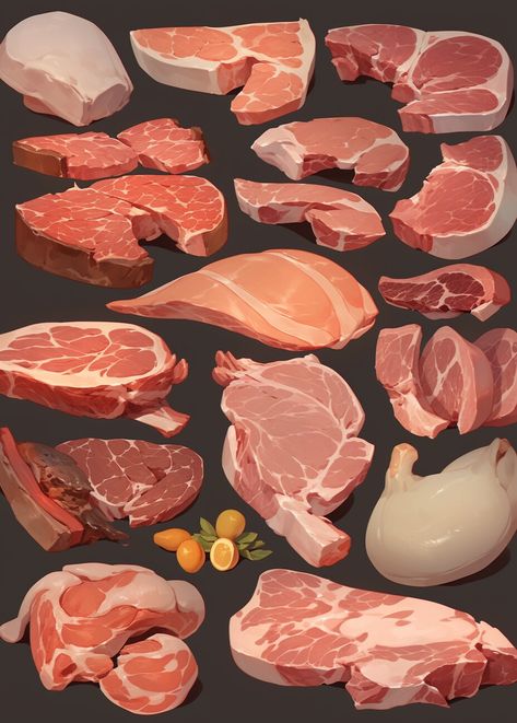 Raw Meat Drawing, Meat Reference, Meat Drawing, Meat Art, Food To Draw, Props Concept, Food Artwork, Fantasy Food, Food Fantasy