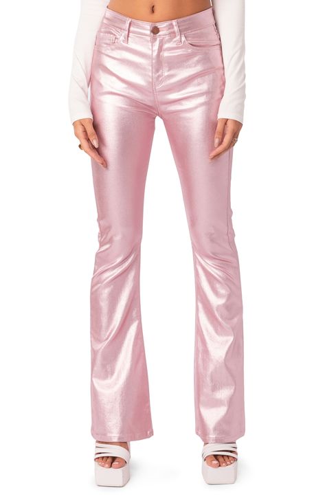 These flare-leg faux-leather pants give you a fierce edge and boost of confidence when you need it most. 45% polyester, 45% rayon, 10% spandex Hand wash, dry flat Imported Metallic Pants, Flare Leg Pants, Mode Ootd, Faux Leather Pants, Look Vintage, Preppy Outfits, Dream Clothes, S Models, Bottoms Pants