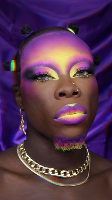 The King of Colour on Instagram: "Decided to make use of this 4head of mine💜💛 Hope ya like it😘 Products used: @mehronmakeup Pastel yellow, pink paint sticks @maccosmeticsuk paint stick palette @glitterrealmco Summerita palette @opvbeauty neon pigments @lorealparis infallible concealer @maccosmeticsuk NW58 studio fix fluid foundation @tiltmakeup 120 foundation stick @maybelline eraser concealer @bennyemakeup Ebony powder @hudabeauty cinnamon bun powder @nyxcosmetics_uk amethyst liquid suede lipstick @makeuprevolution yellow eye base" Neon Yellow Eyeshadow Looks, Maybelline Eraser Concealer, Infallible Concealer, Space Elf, Eraser Concealer, Maybelline Eraser, Neon Lipstick, Crazy Eye Makeup, Alien Makeup