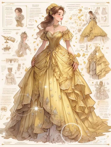 Yellow Gown Aesthetic, Fantasy Gowns Art, Yellow Princess Dress, Belles Dress, Gown Drawing, Dreamy Gowns, Seni Dan Kraf, Dress Design Drawing, Clothing Design Sketches