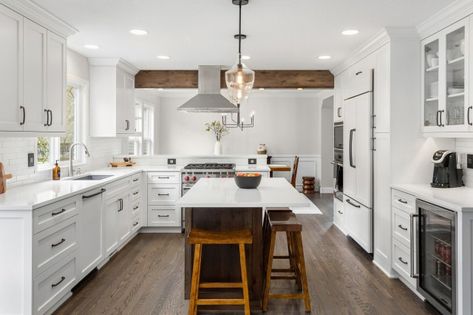 Before and After: 3 Bright White-and-Wood Kitchen Makeovers Update Wood Cabinets, White Kitchen With Dark Wood, Kitchen Makeovers, Better Balance, Wood Accent, After 3, Remodels, Wood Kitchen, Wood Accents