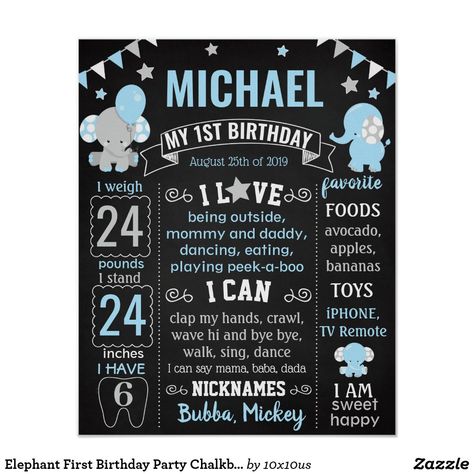 Elephant First Birthday Party Chalkboard Poster Teddy Bear First Birthday, First Birthday Chalkboard Sign, Elephant Birthday Party, Party Chalkboard, 1st Birthday Chalkboard, Birthday Boards, Boys 1st Birthday Cake, 1st Birthday Signs, First Birthday Posters