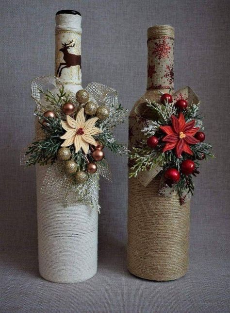 How To Decorate Wine Bottles, Decorate Bottles Ideas, Christmas Wine Bottles Diy, Simple Bottle Art, Wine Bottle Christmas Decorations, Craft Bottle, Wine Bottle Crafts Christmas, Art Bottle, Christmas Wine Bottles