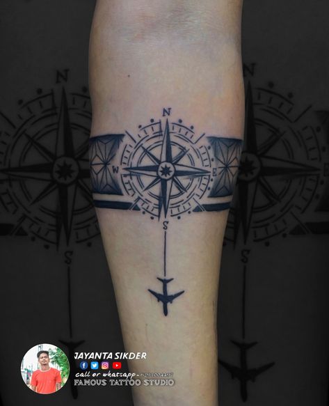 Compass Band Tattoo Design, Compass Band Tattoo, Compass Arm Band Tattoo, Wrist Band Tattoo, Landscape Pencil Drawings, Band Tattoos, Forearm Band Tattoos, Band Tattoo Designs, Studio Tattoo