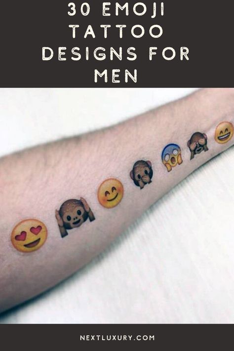 Emojis are the modern hieroglyphs. It only makes sense to memorialize this exciting era of technological advancement and social media with emoji tattoos.100, underlined. Crying laughing face. Dollar sign. Poop. #nextluxury #tattooideas #tattoodesigns Emoji Tattoos For Men, Best Emoji, Emoji Tattoo, Technological Advancement, Cool Emoji, Laughing Face, Traditional Ink, Arm Band Tattoo, Cool Tattoos For Guys