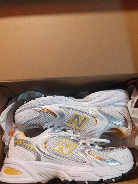 New Balace 539 Yellow Silver White New Balance 530 Yellow, 530 New Balance, New Balance Yellow, Ootd Women, Shoes Yellow, Casual High Heels, Vintage Black Glamour, Fashion Shoes Sneakers, Shoe Inspo