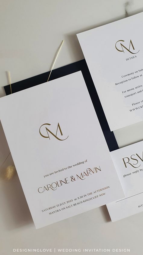 Loving this Monogram wedding invitation suite in gold foil on white cardstock. Add that feeling of luxury to your wedding with gold detail and a monogram that is modern classy and elegant all at once. Your invitations are the leading lady, the unforgettable first impression on your guests. Make them look twice with this collection and find out everything you need to know about your wedding invitations, and design them with confidence. Read more on the blog.