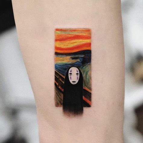 The Scream Painting, Detailed Tattoos, Scream Painting, Tatoo 3d, Surreal Tattoo, Ghibli Tattoo, Circle Tattoos, Popular Characters, The Scream