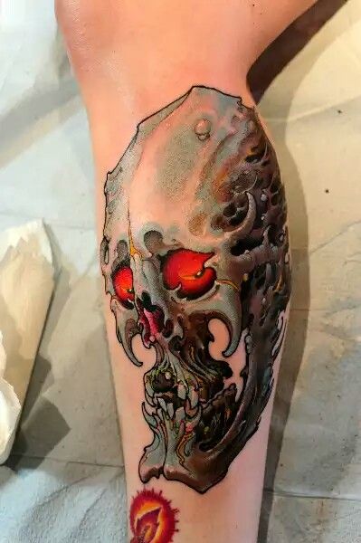 By Grime Grime Reaper, Grime Tattoo, Symbols Of Strength Tattoos, Monster Tattoo, Tattoo Master, Fire Tattoo, Japanese Tattoos, Dragon Tattoo Designs, Skull Tattoo Design