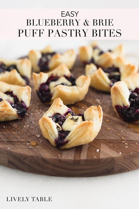 These easy blueberry brie puff pastry bites are the perfect little appetizers you can throw together for any holiday gathering. With only 5 ingredients and filled with gooey brie and jammy wild blueberries, they're sure to please all of your guests! Blueberry Brie, Blueberry Bites, Puff Pastry Bites, Pastry Bites, Brie Puff Pastry, Brie Appetizer, Brie Bites, Brie Recipes, Cheese Puff Pastry