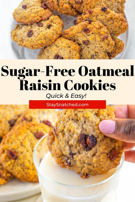 These Sugar-Free Oatmeal Raisin Cookies are a healthy dessert baked homemade from scratch. These soft and chewy cookies have crisp edges and no-added sugar. Sugar Free Oatmeal Cookies, Oatmeal Raisin Cookies Healthy, Sugar Free Cookie Recipes, Sugar Free Oatmeal, Keto Oatmeal, Cookies Video, Cookie Recipes Oatmeal Raisin, Sugar Free Baking, Sugar Free Recipes Desserts