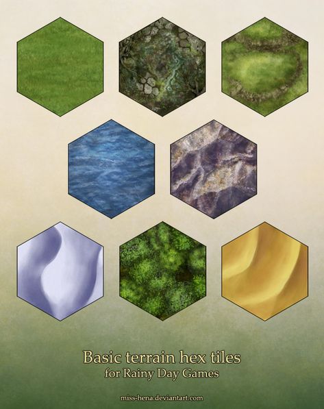 More hex tiles (terrain) by miss-hena Hex Map, Hex Tiles, Rpg Board Games, Hex Tile, Board Game Design, Tabletop Rpg Maps, Fun Board Games, Creative Games, Hexagon Tiles