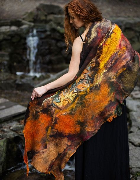 Felted Clothes, Felted Hearts, Orange Poncho, 7 Year Anniversary Gift, Designer Silk Scarf, Felted Clothing, Felting Art, Felt Fashion, Felt Scarf