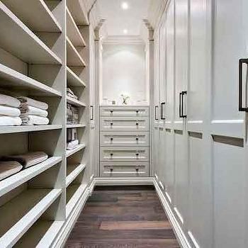 Narrow Walk In Closet, like idea of cupboards one side with sliding doors & shelving hanging space the other Narrow Walk In Closet, Narrow Wardrobe, Floor To Ceiling Wardrobes, Closet Conversion, Transitional Closet, Narrow Closet, Floor To Ceiling Cabinets, Bathroom Closet Organization, Built In Dresser